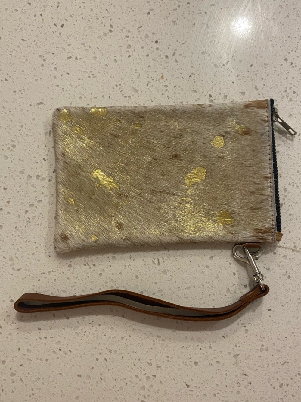 Gold Fleck Haircalf Genuine Leather Wristlet Clutch - Beige Gold